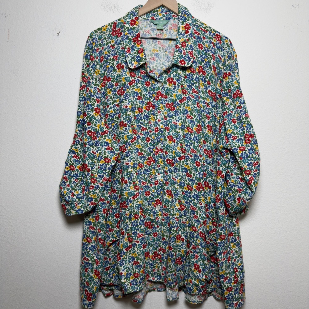 April Cornell Women Tunic Top 2X Multi Floral Roll Tab Sleeve Pocket Lagenlook